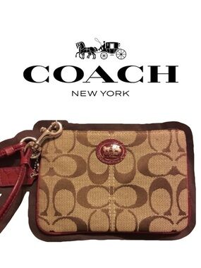 Coach Signature C Brown and Burgundy Oxblood Vintage Fabric Wristlet